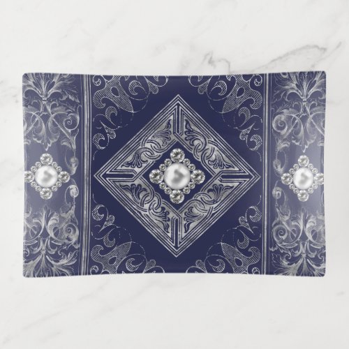 Ornate Opulence  Blue and Silver Jeweled Flourish Trinket Tray