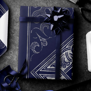 Ornate Opulence   Blue and Silver Jeweled Flourish Wrapping Paper