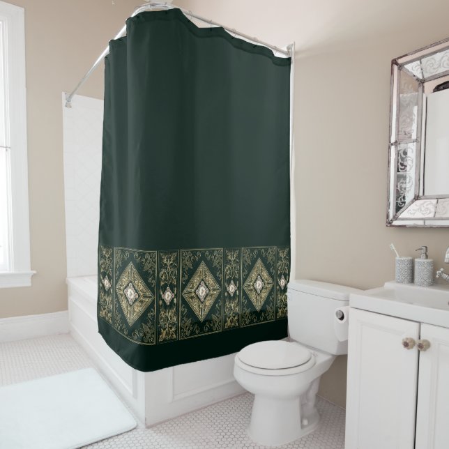 Ornate Opulence | Green and Gold Jeweled Flourish Shower Curtain (In Situ)