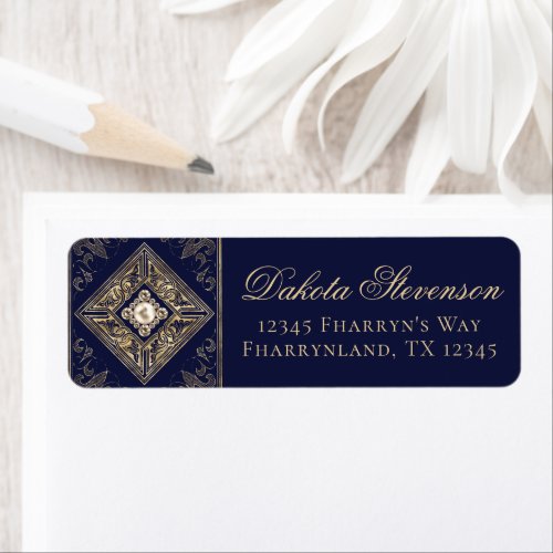 Ornate Opulence  Navy Blue and Gold Jewel Address Label