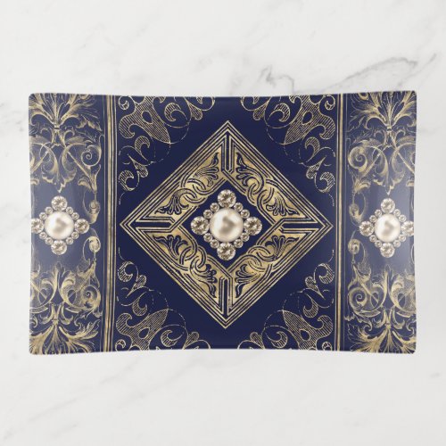 Ornate Opulence  Navy Blue and Gold Jewel Emblem Trinket Tray