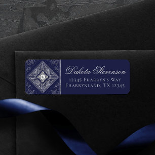 Ornate Opulence   Navy Blue Silver Jeweled Address Label