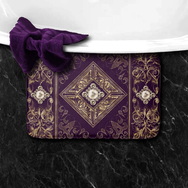 Ornate Opulence | Purple and Gold Jeweled Flourish Bath Mat (Creator Uploaded)
