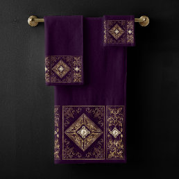 Ornate Opulence | Purple and Gold Jeweled Flourish Bath Towel Set