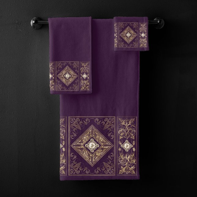 Ornate Opulence | Purple and Gold Jeweled Flourish Bath Towel Set (Creator Uploaded)