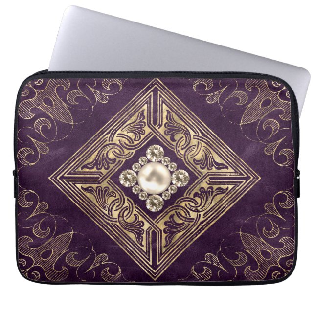 Ornate Opulence | Purple and Gold Jeweled Flourish Laptop Sleeve (Front)