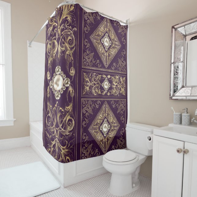 Ornate Opulence | Purple and Gold Jeweled Flourish Shower Curtain (In Situ)