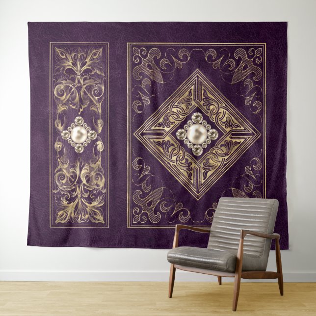 Ornate Opulence | Purple and Gold Jeweled Flourish Tapestry (In Situ (Horizontal))