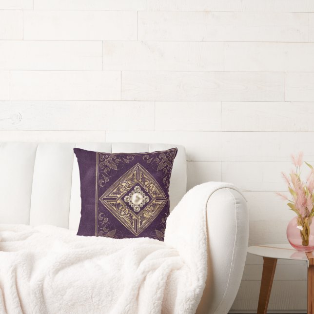 Ornate Opulence | Purple and Gold Jeweled Flourish Throw Pillow (Couch)