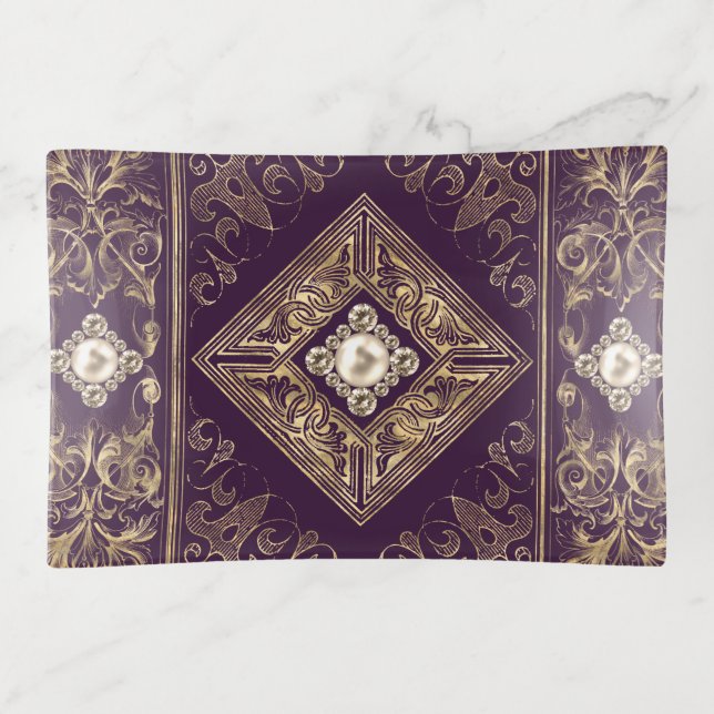 Ornate Opulence | Purple and Gold Jeweled Flourish Trinket Tray (Front)