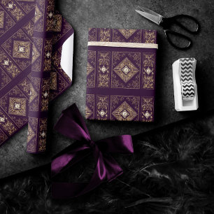 Ornate Opulence   Purple and Gold Jeweled Flourish Wrapping Paper