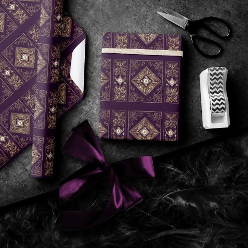 Ornate Opulence  Purple and Gold Jeweled Flourish Wrapping Paper