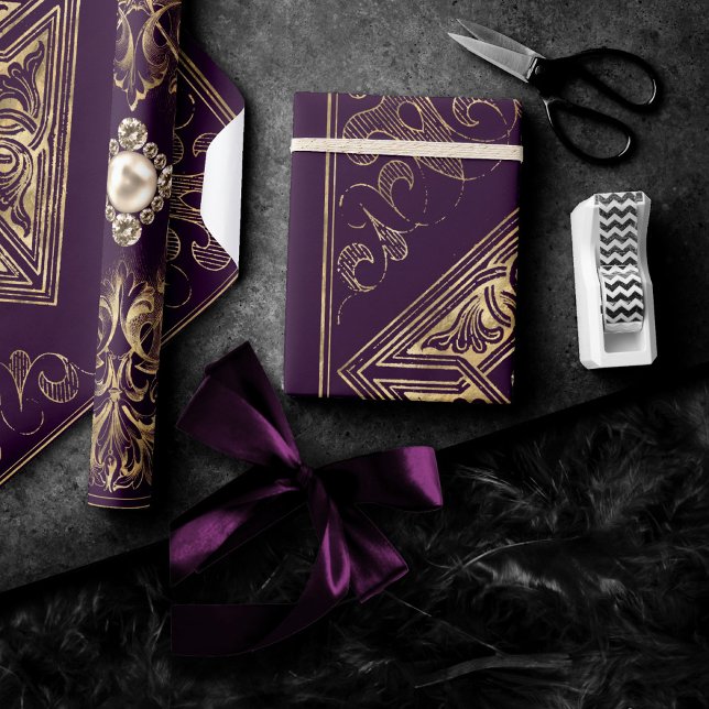 Ornate Opulence | Purple and Gold Jeweled Flourish Wrapping Paper (Creator Uploaded)