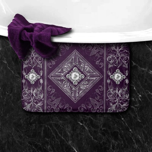 Ornate Opulence  Purple and Silver Jewel Flourish Bath Mat