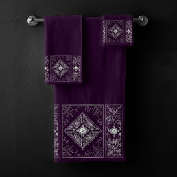 Ornate Opulence | Purple and Silver Jewel Flourish Bath Towel Set