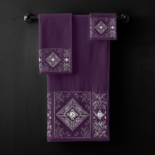 Ornate Opulence   Purple and Silver Jewel Flourish Bath Towel Set