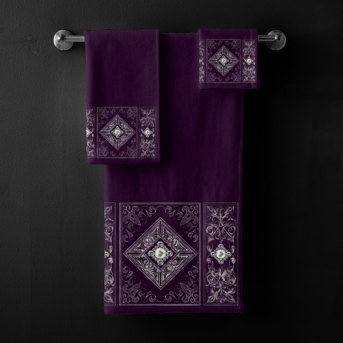 Ornate Opulence  Purple and Silver Jewel Flourish Bath Towel Set