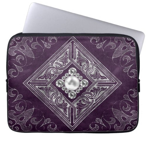 Ornate Opulence  Purple and Silver Jewel Flourish Laptop Sleeve