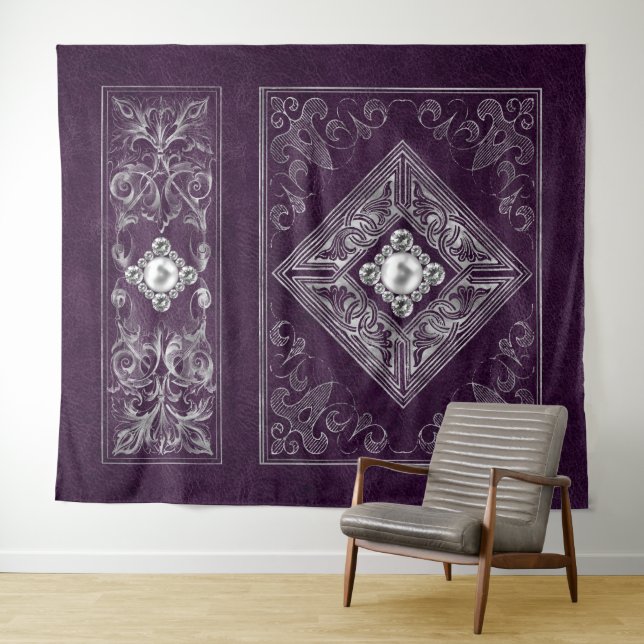 Ornate Opulence | Purple and Silver Jewel Flourish Tapestry (In Situ (Horizontal))