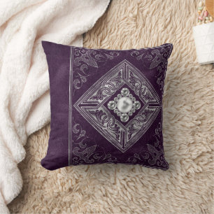 Ornate Opulence Purple and Silver Jewel Flourish Throw Pillow