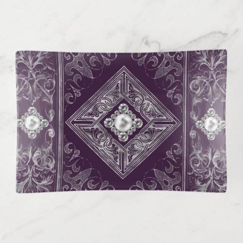 Ornate Opulence  Purple and Silver Jewel Flourish Trinket Tray