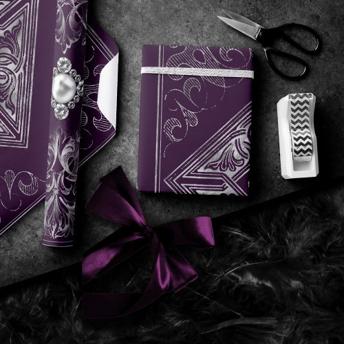 Ornate Opulence  Purple and Silver Jewel Flourish Wrapping Paper