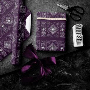 Ornate Opulence   Purple and Silver Jewel Flourish Wrapping Paper