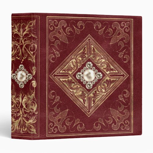 Ornate Opulence  Red and Gold Jeweled Flourish 3 Ring Binder