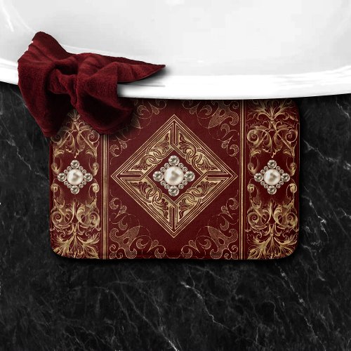 Ornate Opulence  Red and Gold Jeweled Flourish Bath Mat