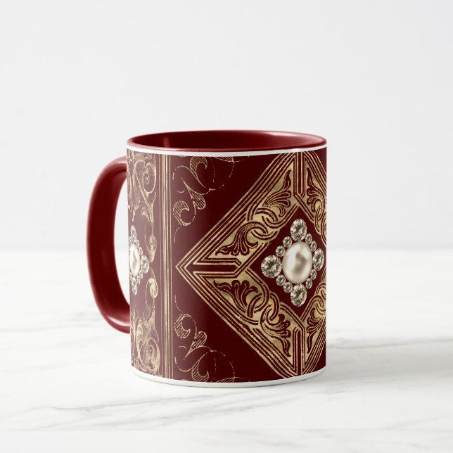 Ornate Opulence | Red and Gold Jeweled Flourish Mug (Front Left)