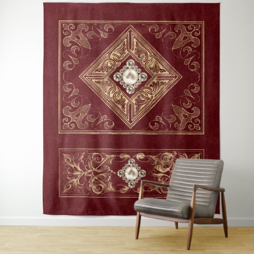 Ornate Opulence  Red and Gold Jeweled Flourish Tapestry