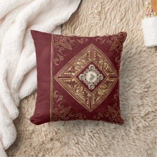Ornate Opulence   Red and Gold Jeweled Flourish Throw Pillow