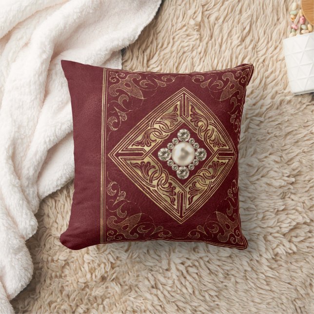 Ornate Opulence | Red and Gold Jeweled Flourish Throw Pillow (Blanket)