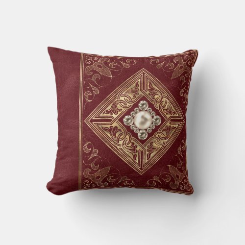 Ornate Opulence  Red and Gold Jeweled Flourish Throw Pillow