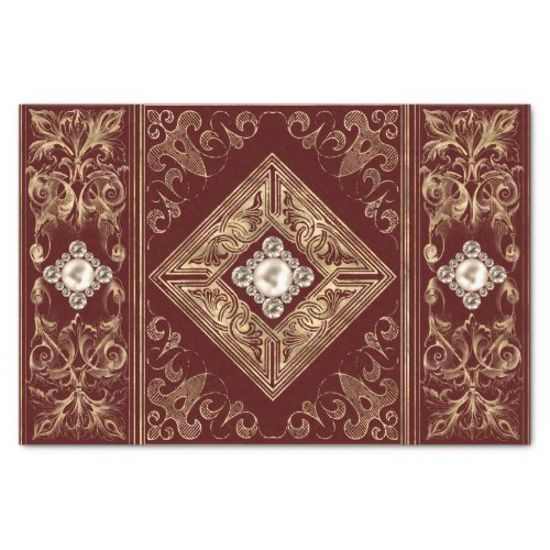 Ornate Opulence  Red and Gold Jeweled Flourish Tissue Paper