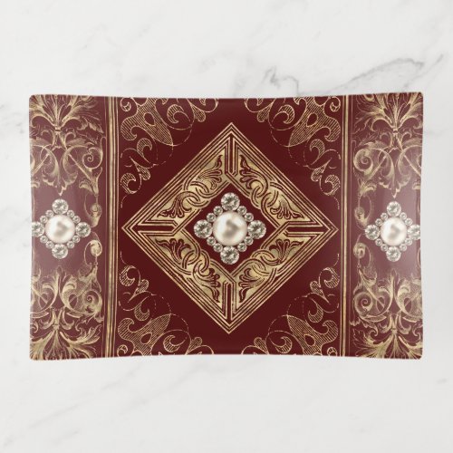 Ornate Opulence  Red and Gold Jeweled Flourish Trinket Tray