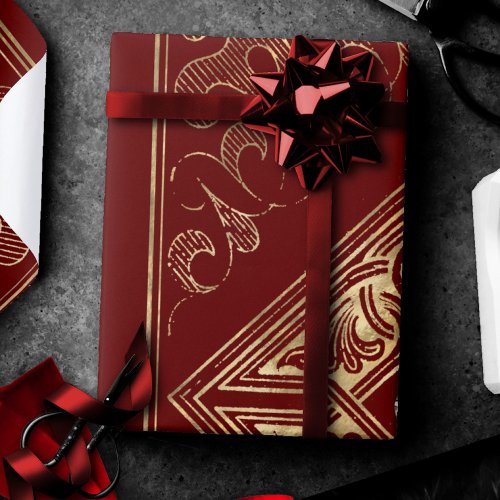 Ornate Opulence  Red and Gold Jeweled Flourish Wrapping Paper