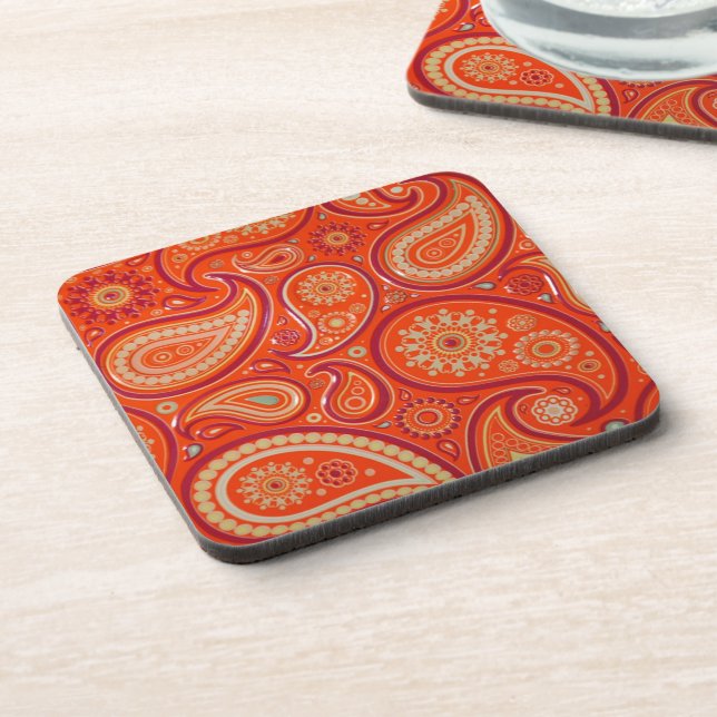 Ornate Orange Paisley Pattern Beverage Coaster (Left Side)