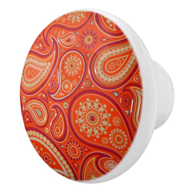 Ornate Orange Paisley Pattern Ceramic Knob (Right)