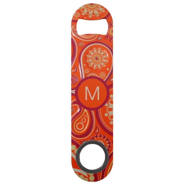 Ornate Orange Paisley Pattern Monogram Bar Key (Front)
