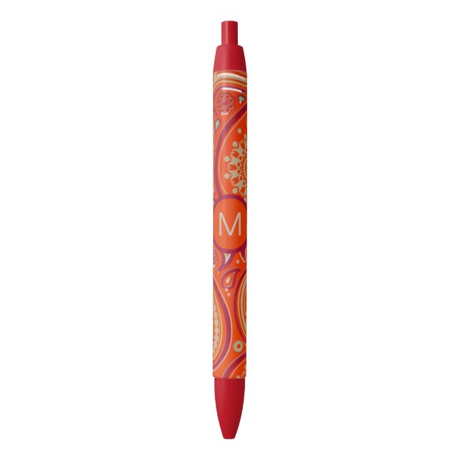 Ornate Orange Paisley Pattern Monogram Pen (Front Vertical)