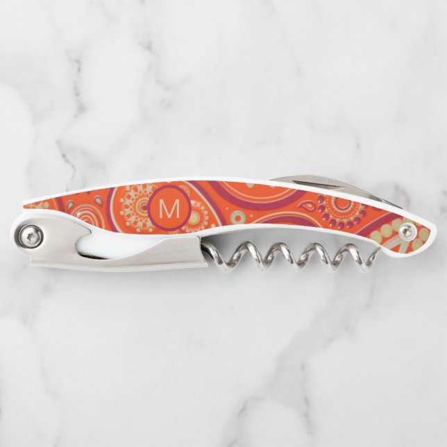 Ornate Orange Paisley Pattern Monogram Waiter's Corkscrew (Front)