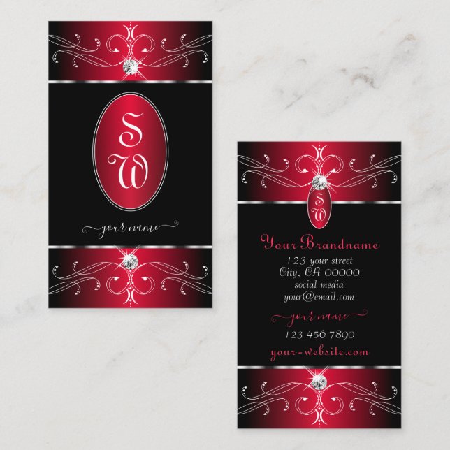 Ornate Ornaments Black Crimson Red Jewels Initials Business Card (Front/Back)