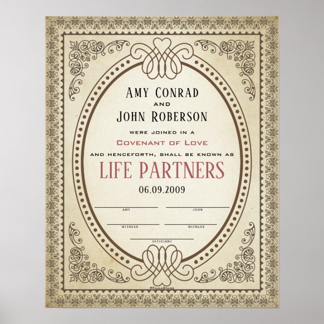 Ornate Oval Border Frame Wedding Certificate Poster (Front)