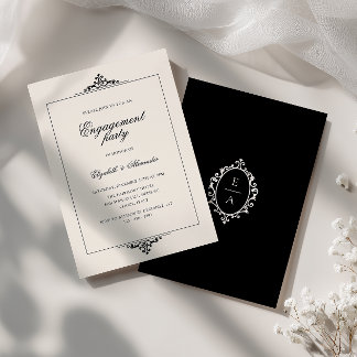 Ornate Oval Crest Old Money Black Engagement Party Invitation