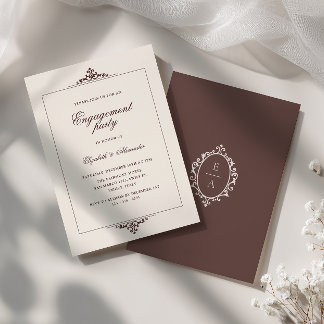 Ornate Oval Crest Old Money Brown Engagement Party Invitation