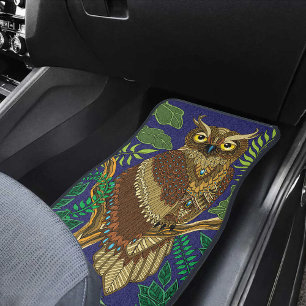 Ornate Owl Green Forest Leaves Nature Decorative  Car Floor Mat