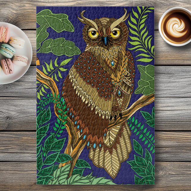 Ornate Owl Green Forest Leaves Nature Decorative  Jigsaw Puzzle (Creator Uploaded)