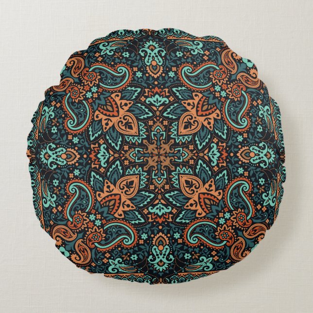 Ornate Paisley Bandana: Silk Neck. Round Pillow (Front)