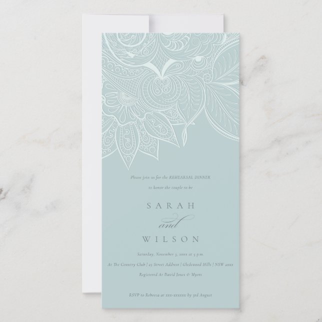 Ornate Paisley Dusky Blue Rehearsal Dinner Invite (Front)